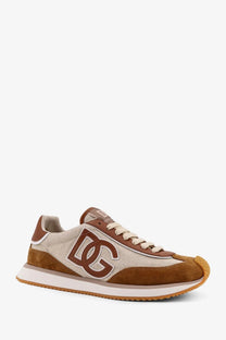Beige and brown suede low-top sneaker with dg logo in dolce and gabbana men’s dg cushion canvas white style
