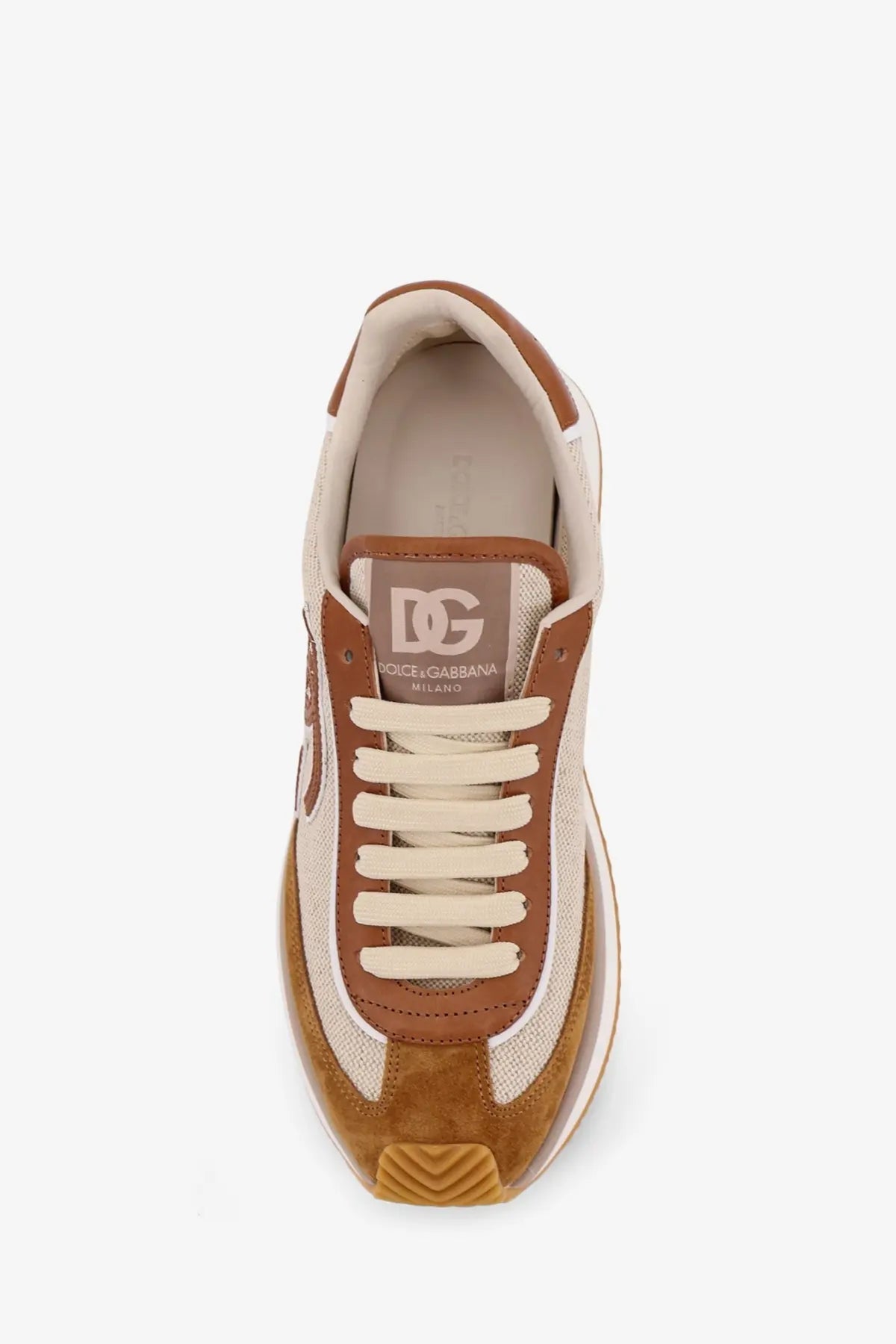 Dolce and Gabbana men’s DG Cushion Canvas White sneaker in brown and cream with suede mesh and rubber details