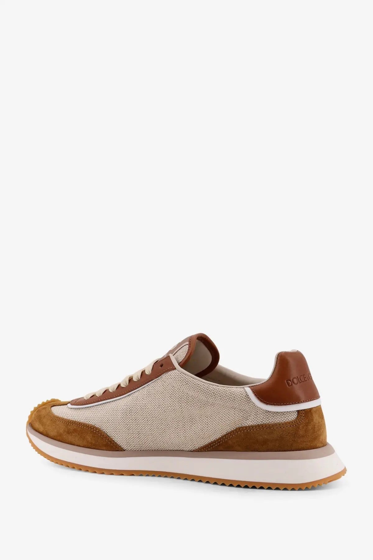 Dolce &amp; Gabbana men’s dg cushion canvas white tan and beige suede and canvas low-top sneaker with brown leather accents