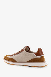 Dolce &amp; Gabbana men’s dg cushion canvas white tan and beige suede and canvas low-top sneaker with brown leather accents