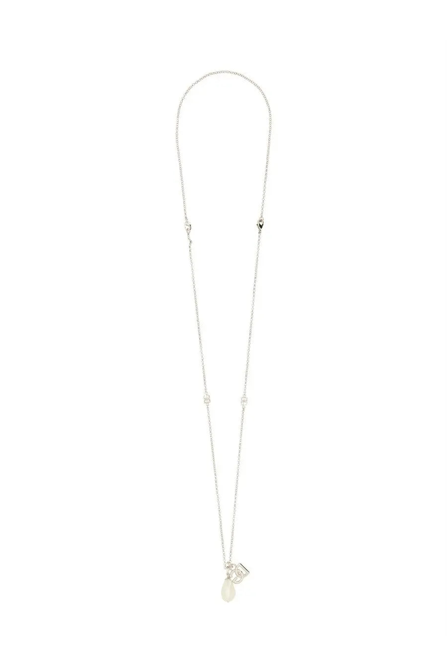 Dolce and Gabbana men’s silver chain necklace with elongated design small rectangular charms and teardrop pendant