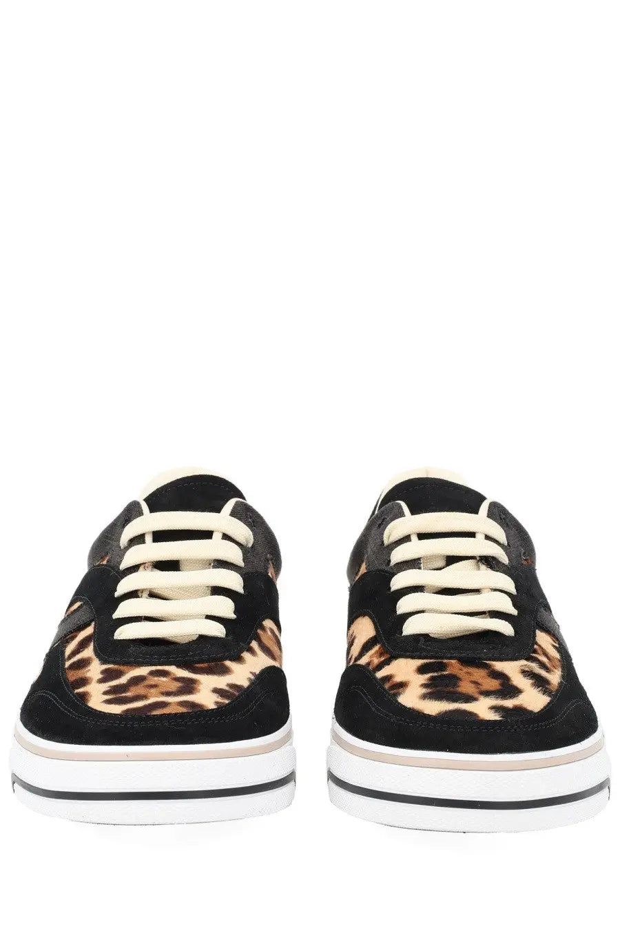 Dolce &amp; Gabbana men’s dg sailing sneaker in black and tan leopard print with white laces and striped sole