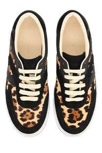 Dolce &amp; Gabbana men’s dg sailing sneaker in black and tan leopard print with white laces and suede finish