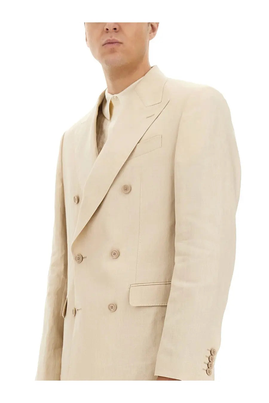 Dolce &amp; Gabbana men’s beige double breasted suit jacket with matching buttons and subtle textured fabric