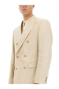 Dolce &amp; Gabbana men’s beige double breasted suit jacket with matching buttons and subtle textured fabric