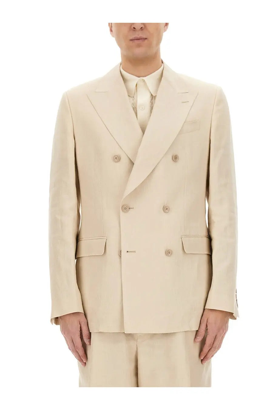 Dolce &amp; Gabbana men’s beige double breasted suit jacket with matching tailored trousers and subtle texture