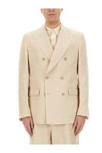Dolce &amp; Gabbana men’s beige double breasted suit jacket with matching tailored trousers and subtle texture