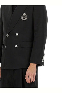 Dolce &amp; Gabbana men’s black double-breasted blazer with silver buttons and metallic embroidered crest on left lapel