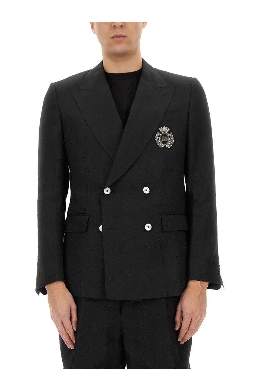 Dolce &amp; Gabbana men’s black double-breasted suit jacket with silver buttons and decorative crest on left lapel