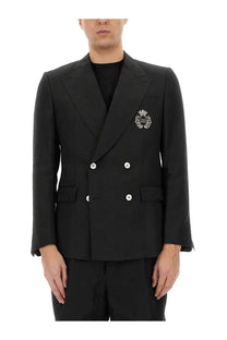 Dolce &amp; Gabbana men’s black double-breasted suit jacket with silver buttons and decorative crest on left lapel