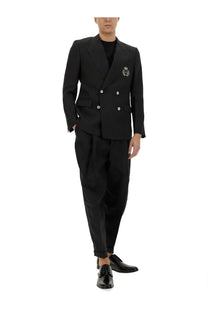 Dolce &amp; Gabbana men’s black double breasted suit jacket with silver buttons and embroidered crest on left breast
