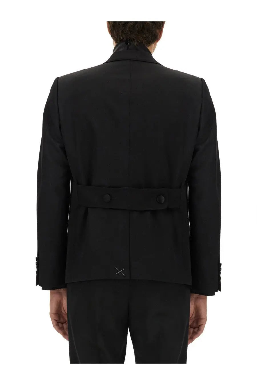 Dolce &amp; Gabbana men’s black double breasted tailored tuxedo jacket with belted waist and subtle white stitching details