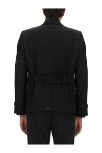 Dolce &amp; Gabbana men’s black double breasted tailored tuxedo jacket with belted waist and subtle white stitching details