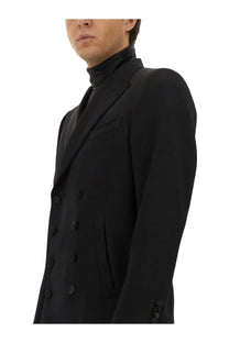 Dolce &amp; Gabbana men’s black double breasted wool overcoat with notched lapels and matching buttons