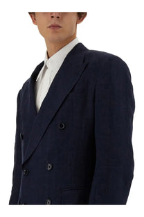 Dolce &amp; Gabbana men’s navy blue double-breasted suit jacket with black buttons and subtle textured weave