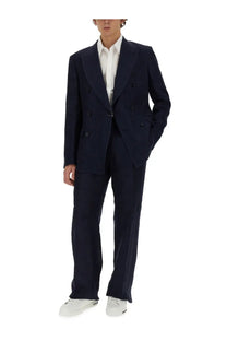 Dolce &amp; Gabbana men’s navy blue double-breasted suit jacket with black buttons and tailored fit