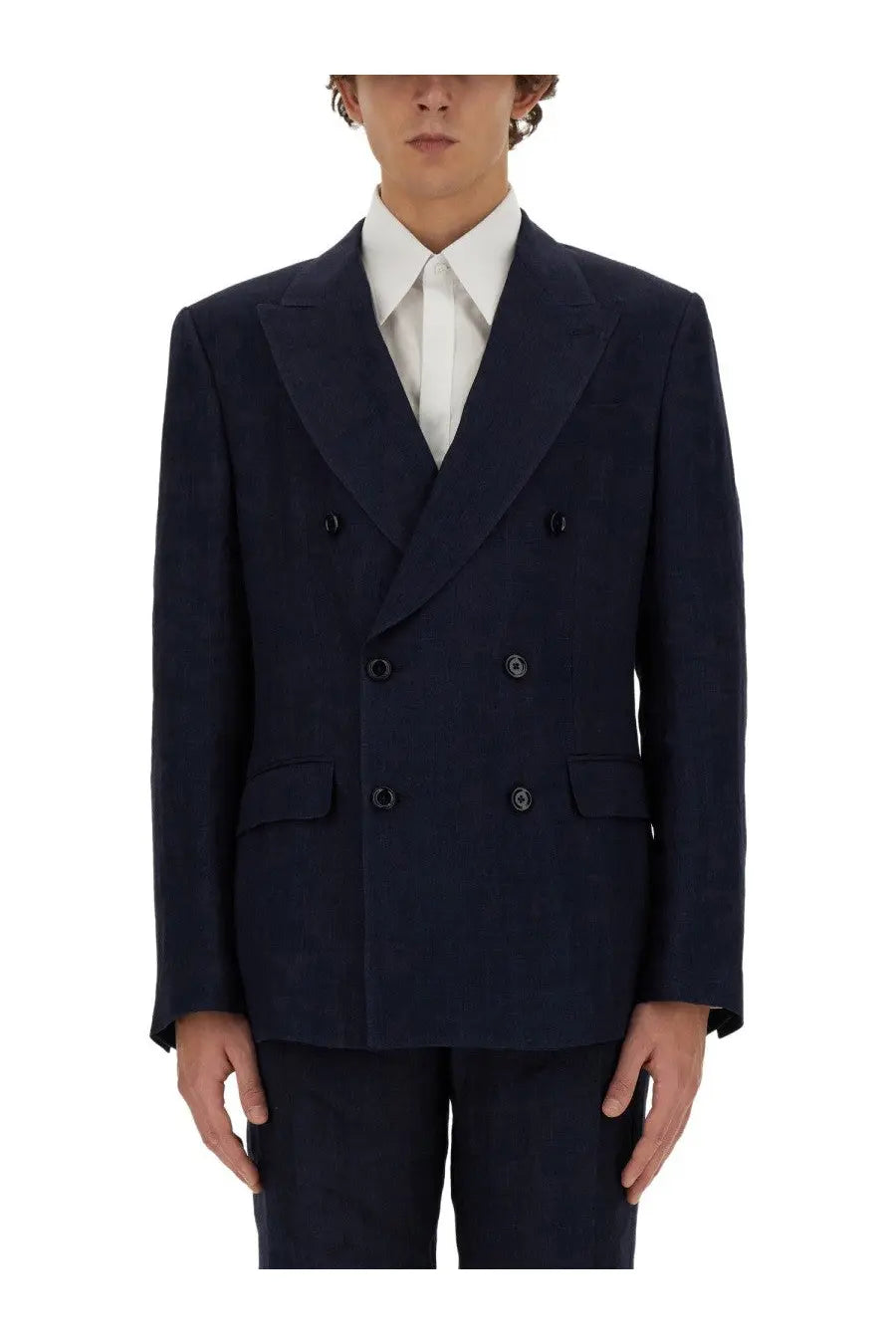 Navy blue Dolce &amp; Gabbana men’s double breasted suit jacket with black buttons and flap pockets in wool blend