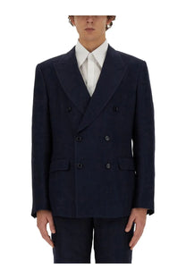 Navy blue Dolce &amp; Gabbana men’s double breasted suit jacket with black buttons and flap pockets in wool blend