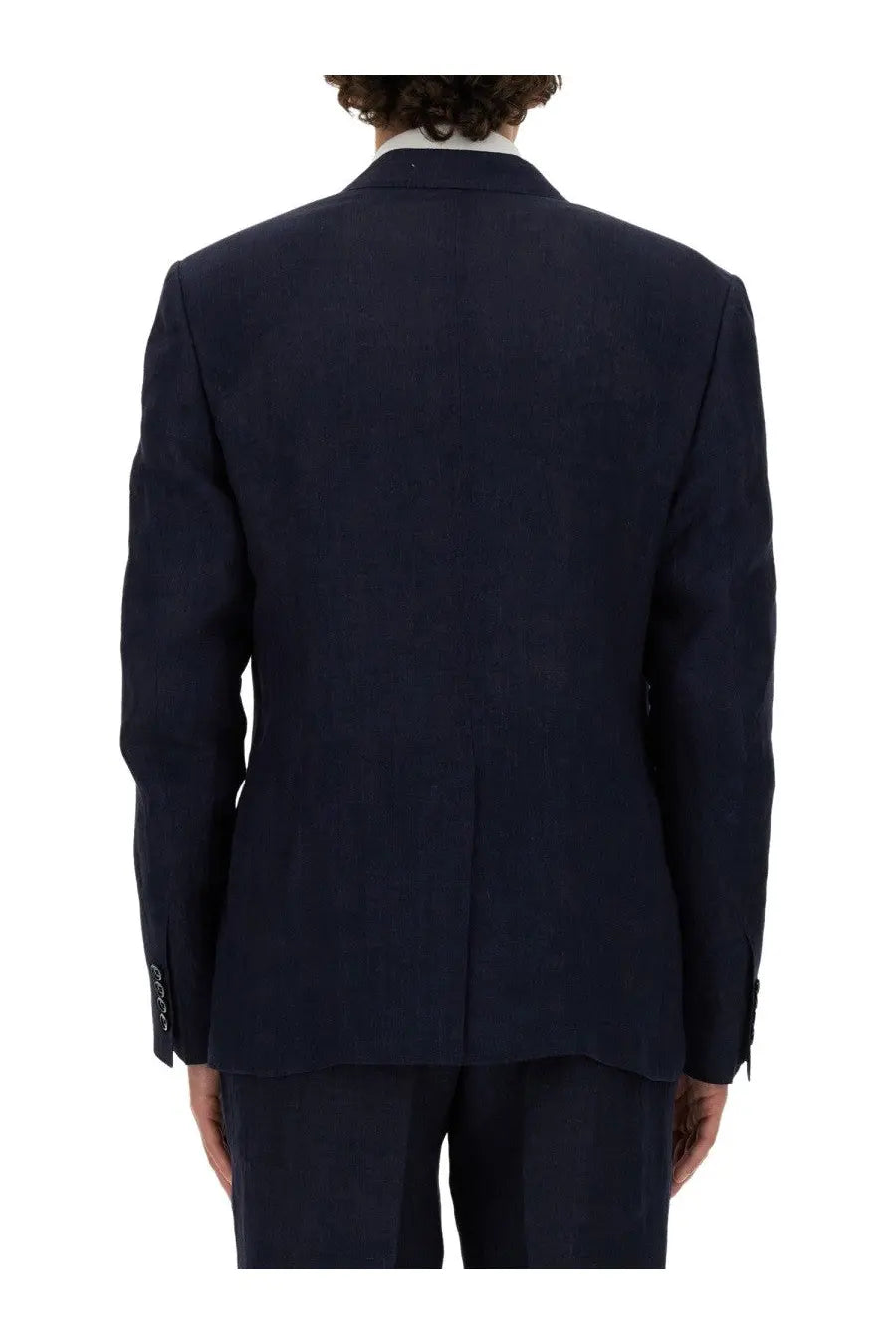 Dolce &amp; Gabbana men’s double breasted navy blue tailored suit jacket with subtle texture and classic notched lapel design