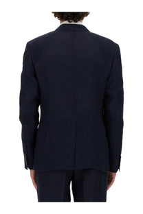Dolce &amp; Gabbana men’s double breasted navy blue tailored suit jacket with subtle texture and classic notched lapel design