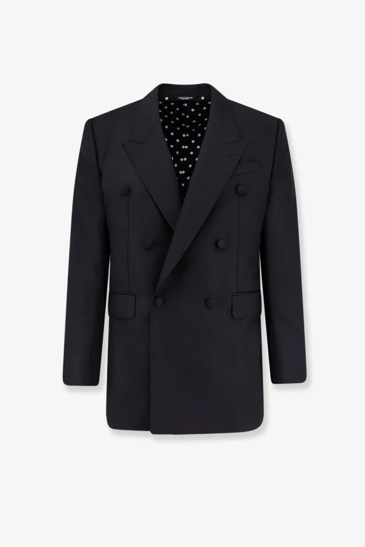 Dolce &amp; Gabbana men’s black double breasted virgin wool blazer with subtle sheen six buttons and two flap pockets