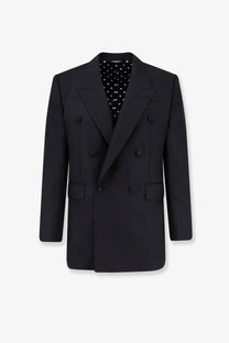 Dolce &amp; Gabbana men’s double breasted black virgin wool blazer with subtle sheen six buttons and two flap pockets