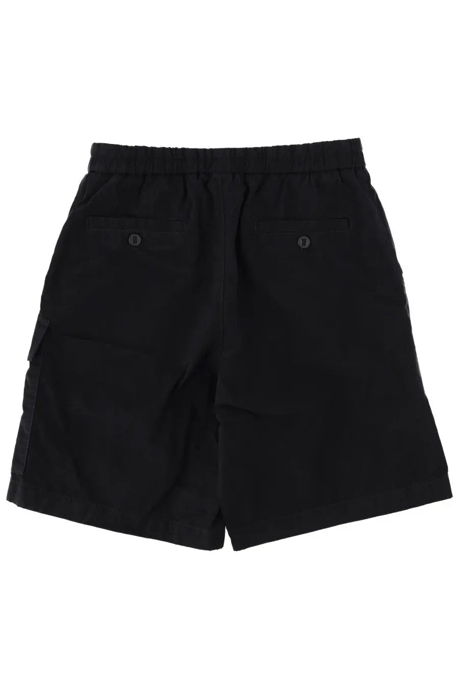 Dolce &amp; gabbana men’s black cargo shorts with elastic waistband and two back pockets with button closures viewed from back