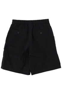 Dolce &amp; gabbana men’s black cargo shorts with elastic waistband and two back pockets with button closures viewed from back