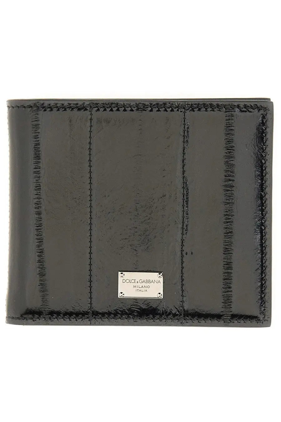 Dolce &amp; gabbana men’s black patent leather wallet with stitched detailing and silver-tone logo plaque
