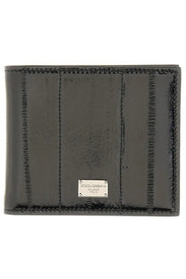 Dolce &amp; gabbana men’s black patent leather wallet with stitched detailing and silver-tone logo plaque