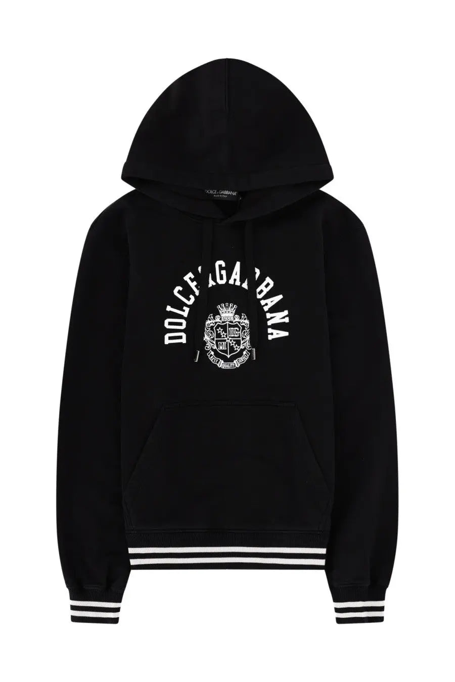 Dolce &amp; Gabbana men’s black hoodie with white embroidered logo and striped cuffs in felpa fabric