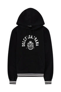 Dolce &amp; Gabbana men’s black hoodie with white embroidered logo and striped cuffs in felpa fabric