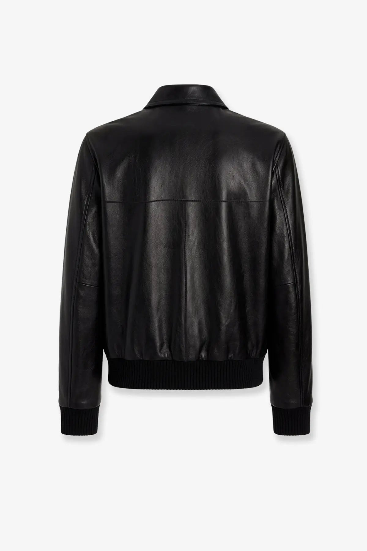 Dolce &amp; Gabbana men’s black leather bomber jacket giubbino with ribbed cuffs hem and animalier lining