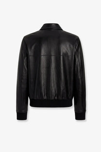 Dolce &amp; Gabbana men’s black leather bomber jacket giubbino with ribbed cuffs hem and animalier lining