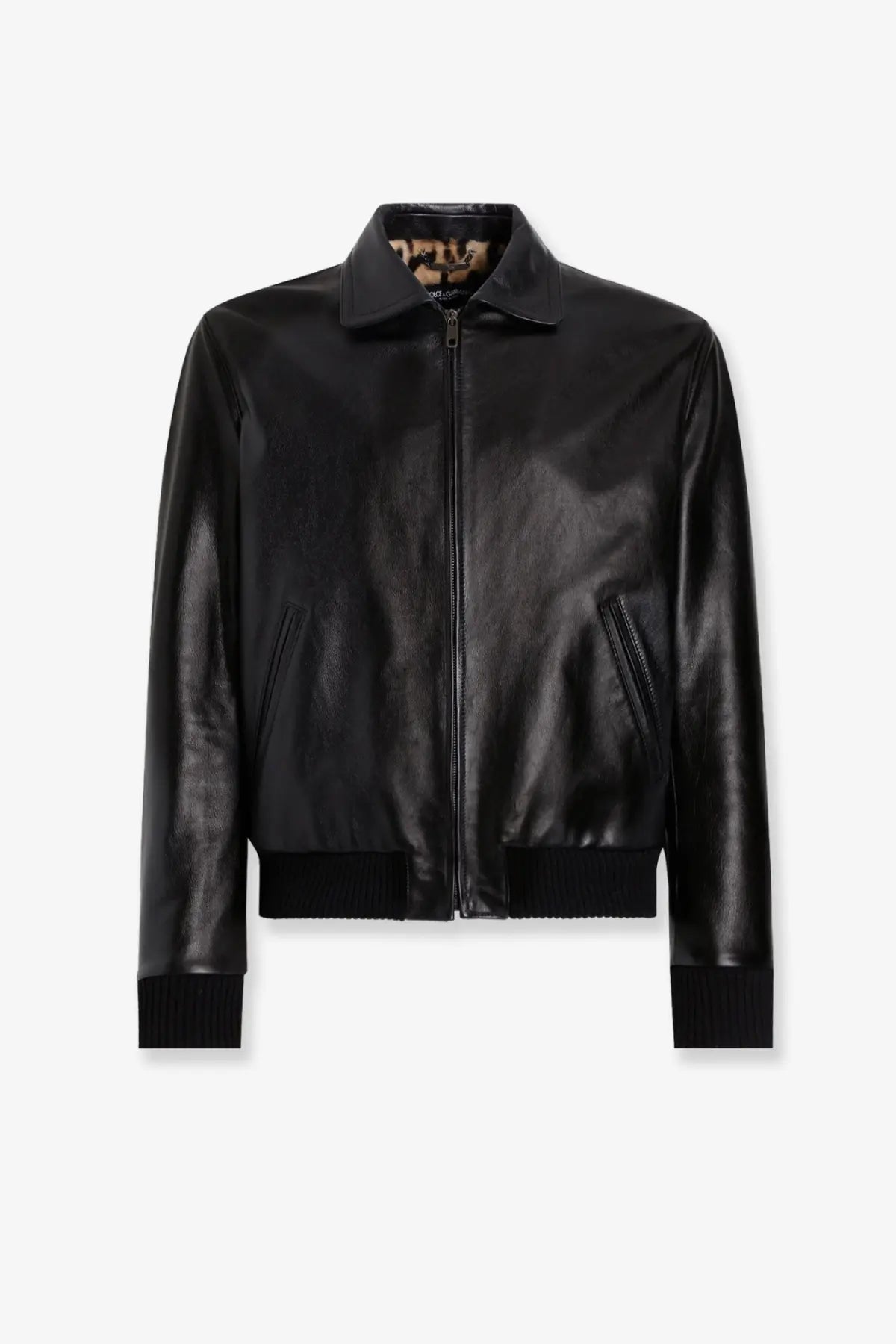 Dolce and Gabbana men’s black leather bomber jacket with ribbed cuffs and hem featuring animalier lining