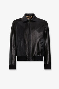 Dolce and Gabbana men’s black leather bomber jacket with ribbed cuffs and hem featuring animalier lining