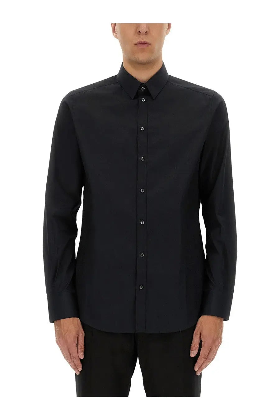 Dolce &amp; Gabbana men’s black cotton long sleeve button down shirt with crisp collar and subtle texture