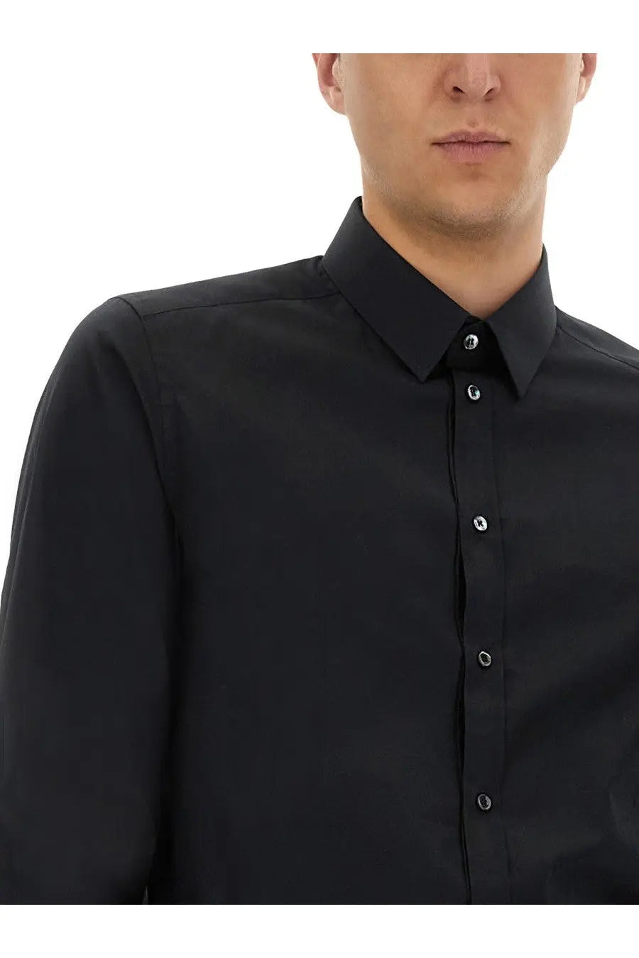 Dolce &amp; Gabbana men’s gold fit black cotton dress shirt with a crisp collar and silver buttons
