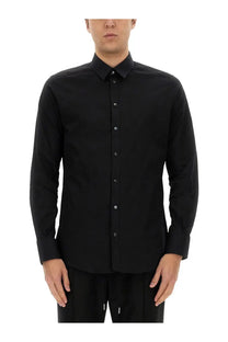 Dolce &amp; gabbana men’s black gold poplin stretch shirt with long sleeves classic collar and silver toned buttons
