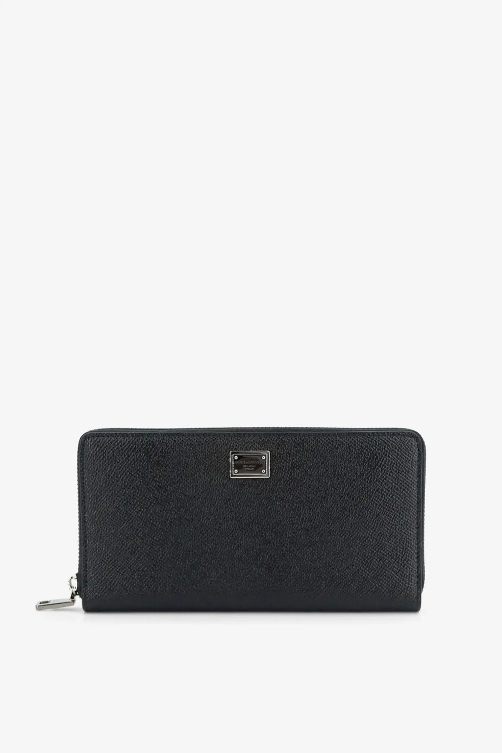 Dolce &amp; Gabbana men’s hammered black leather wallet with silver-tone metal plaque and zipper pull