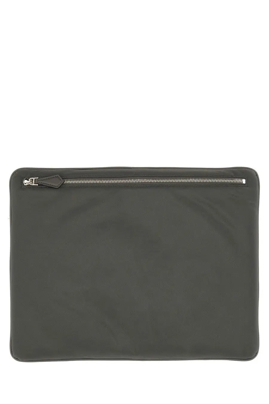 Dark gray nylon Dolce &amp; Gabbana men’s hand held laptop sleeve with silver zipper and leather pull tab