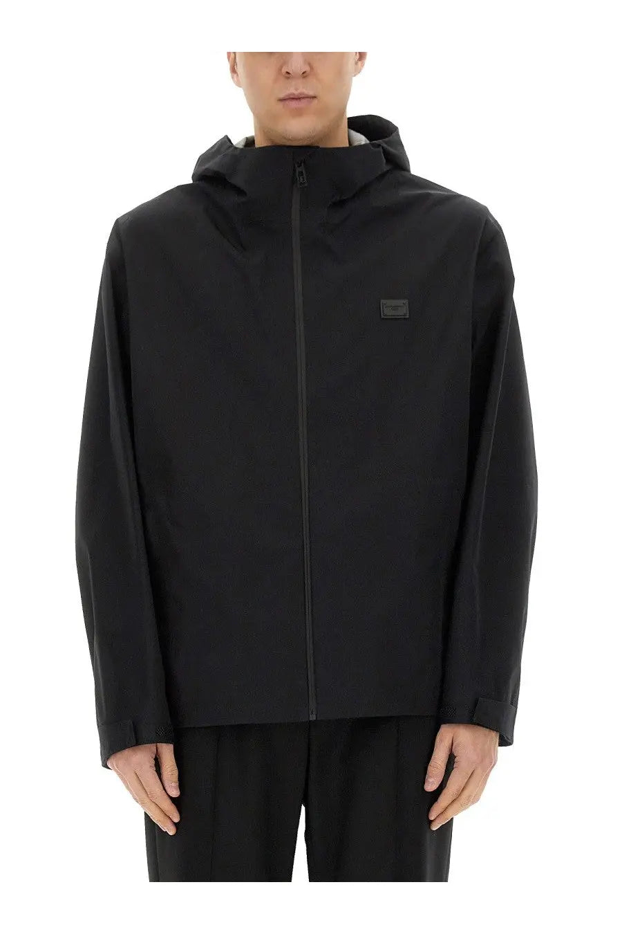 Dolce &amp; Gabbana men’s black hooded jacket with minimalist design and small rectangular logo patch on the chest
