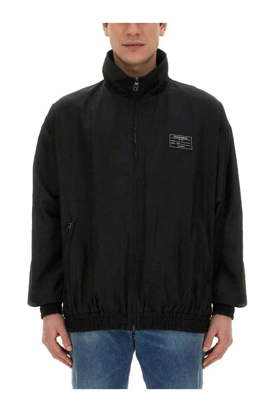 Dolce &amp; gabbana men’s black zip-up jacket with high collar and small rectangular label on left chest