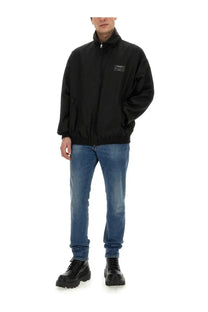 Dolce &amp; Gabbana men’s black zip-up hooded jacket with small rectangular patch on left chest for casual wear