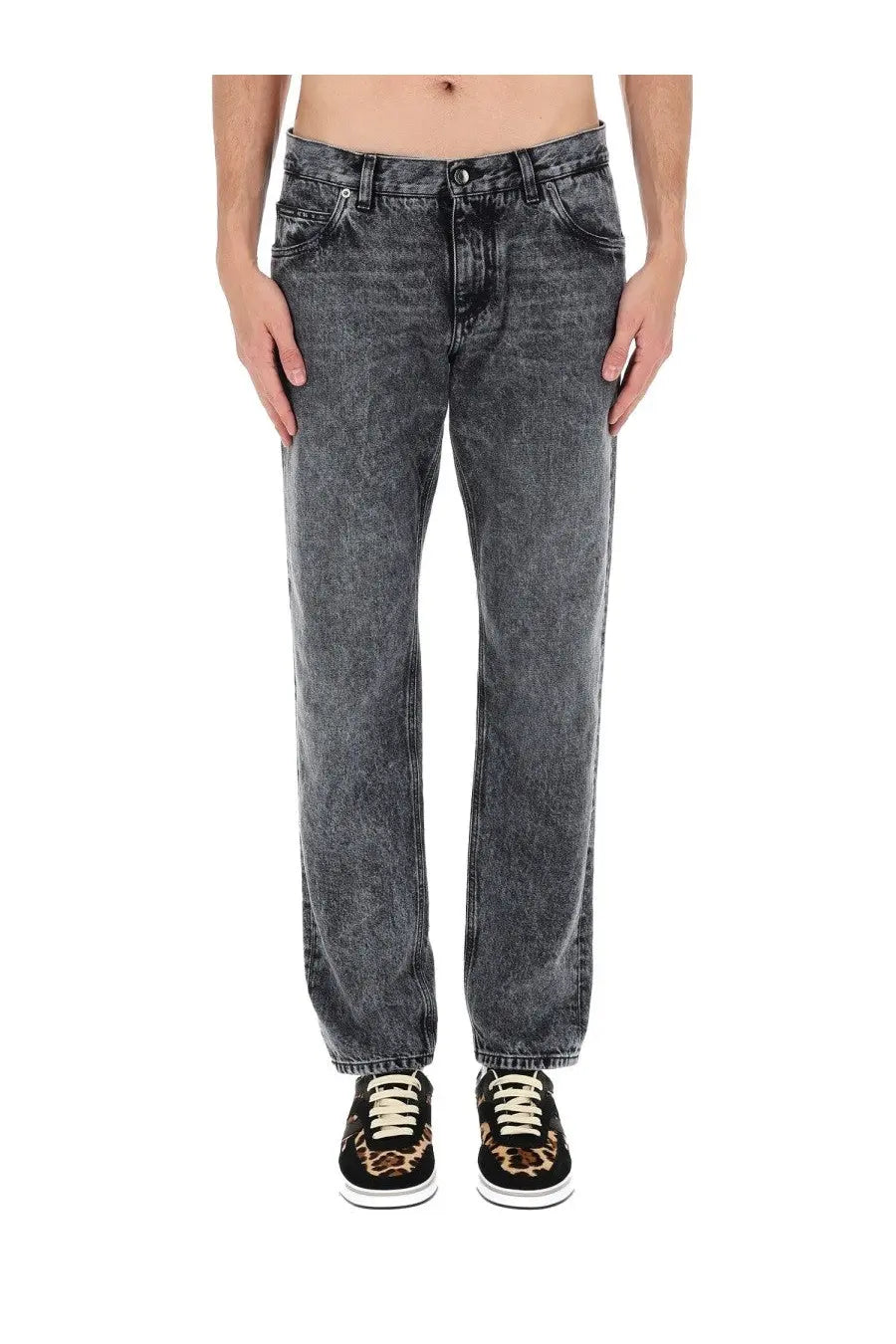 Dolce &amp; gabbana men’s dark gray faded denim jeans with straight-leg cut and classic five-pocket design