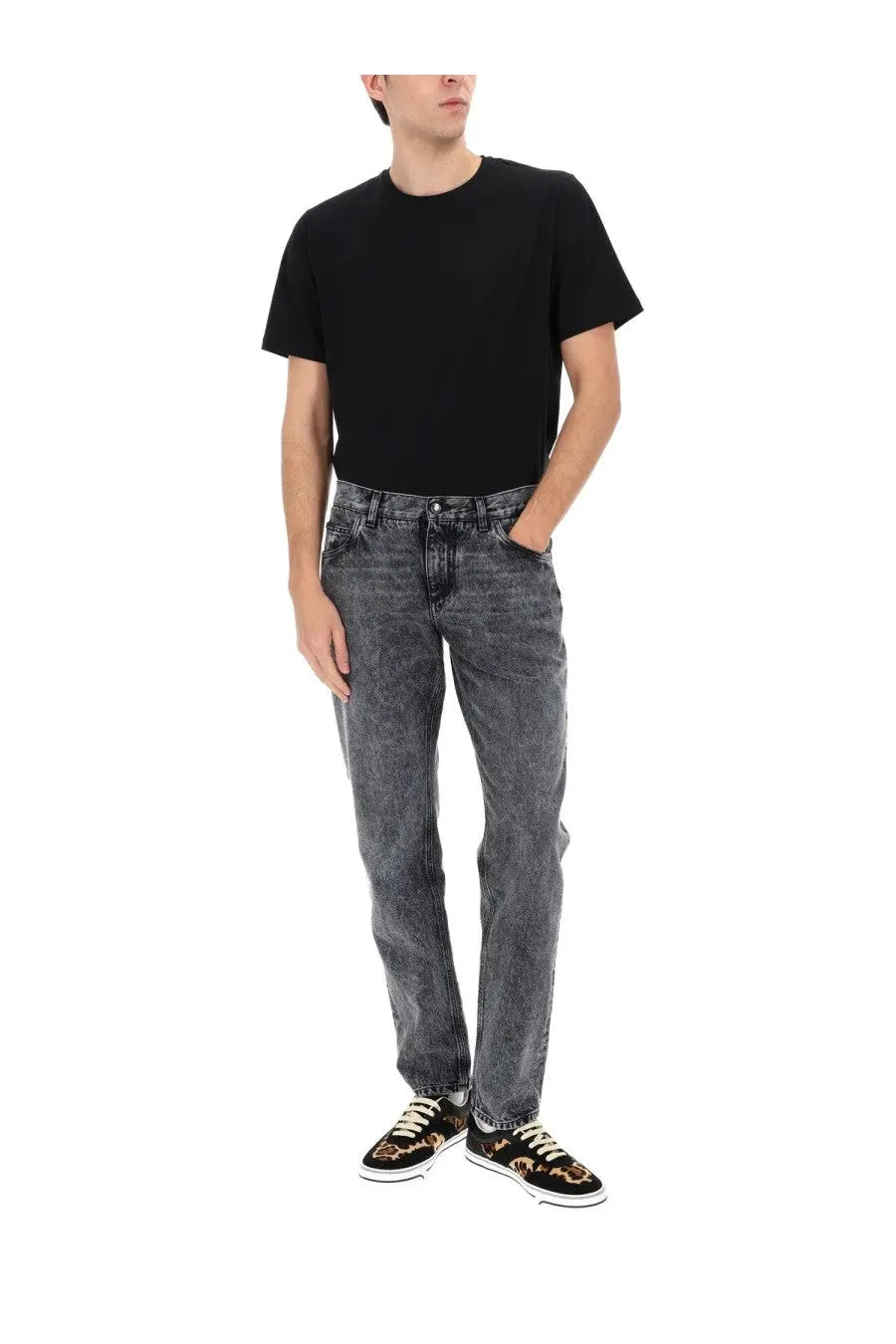 Dolce &amp; Gabbana men’s jeans in denim black with a dark gray textured pattern on the front side