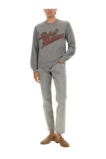 Dolce &amp; Gabbana men’s grey jersey sweatshirt with red and black script logo across the chest