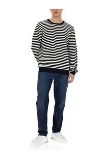 Dolce &amp; gabbana men’s jersey knit sweater with black and white horizontal stripes and ribbed crew neck cuffs and hem