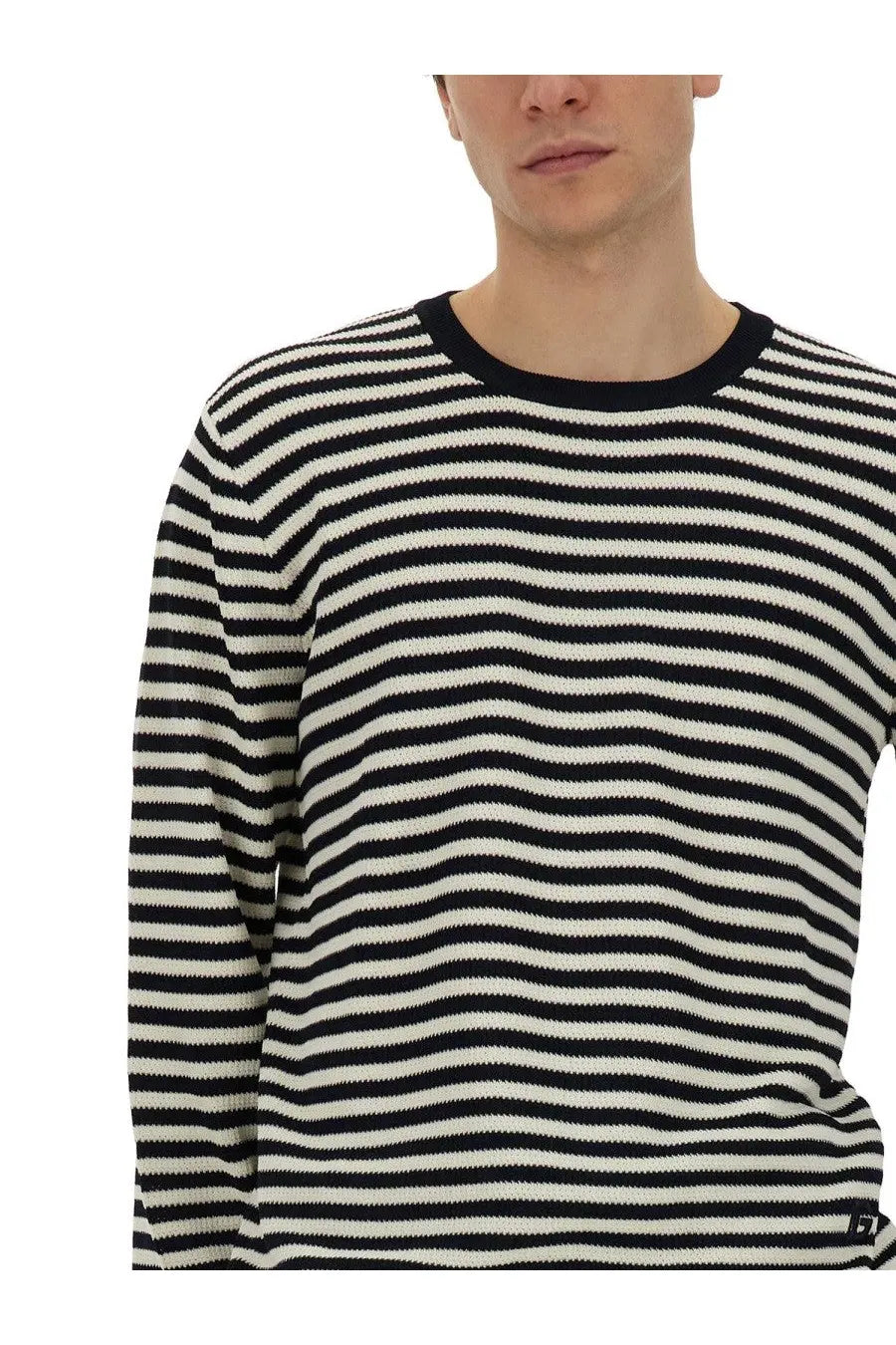 Dolce and Gabbana men’s black and white striped knit sweater with ribbed crew neckline in jersey fabric