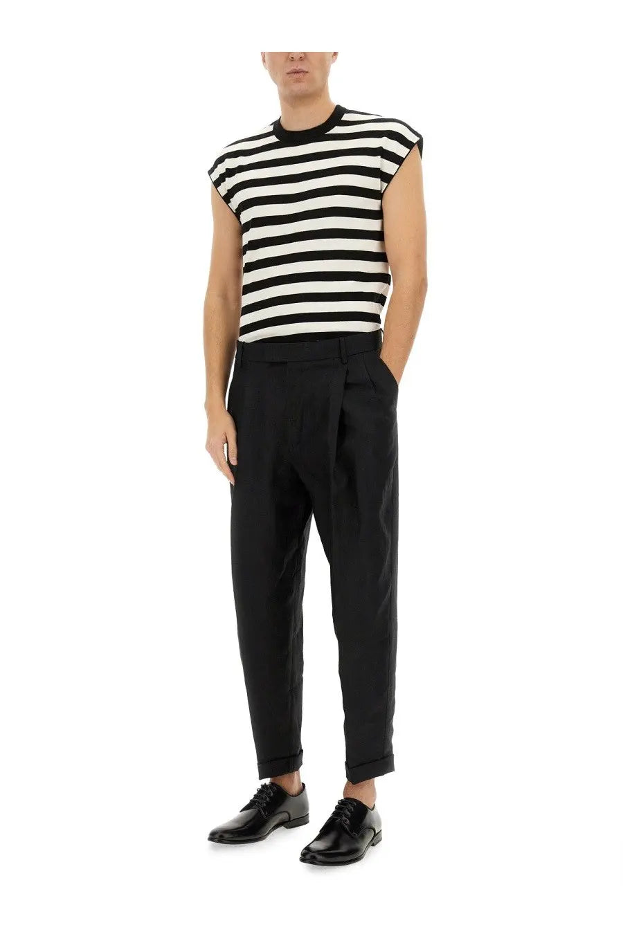 Black pleated tailored fit trousers with rolled cuffs paired with dolce &amp; gabbana men’s multicolor kimono shirt